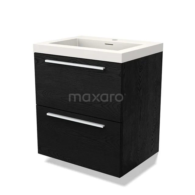 Schwarzer Holz-Waschbeckenunterschrank mit zwei Schubladen und einem weißen Keramik-Waschbecken, ideale kompakte Lösung für das moderne Badezimmer.