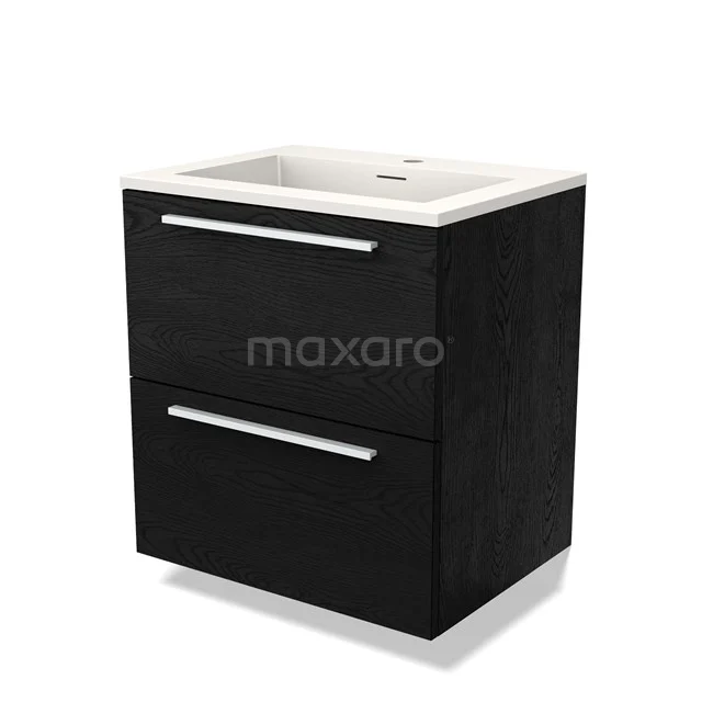 Modulo Waschtische | 60 cm Schwarze Eiche Flach front Solid Surface 2 übereinanderliegende Schubladen BMW17-04246 Schwarz Holz Badezimmermöbel mit zwei Schubladen und Waschbecken aus weißer Keramik, modernes Design.