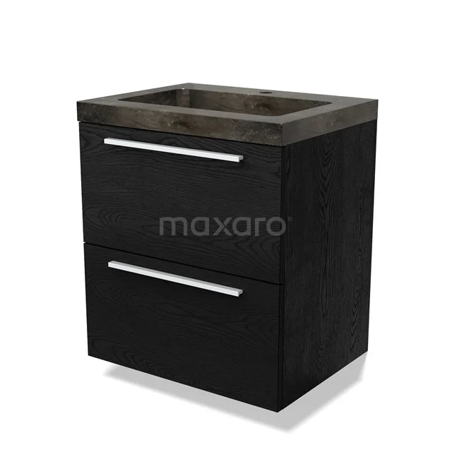 Zwart houten badkamermeubel met twee lades, moderne designstijl en grijs stenen wastafelblad.
