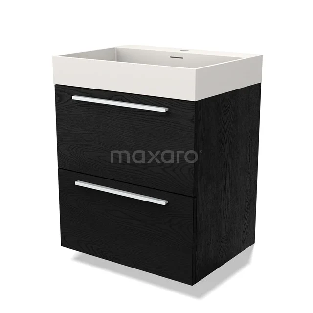 Zwart houten badkamermeubel met twee lades en een witte wastafel, ideaal voor moderne badkamers.