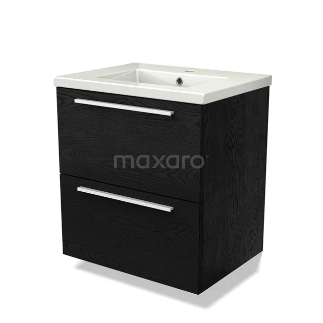 Zwart houten badkamermeubel met een keramische wastafel en twee schuifladen, ideaal voor moderne badkameropslag.