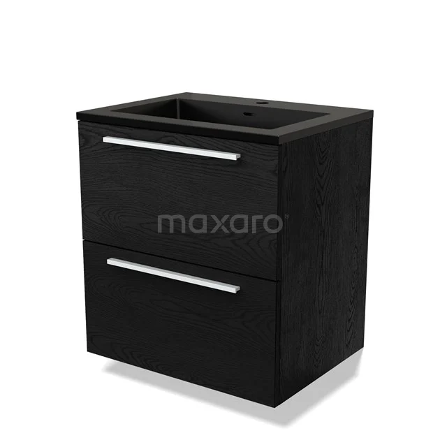 Zwart houten badkamermeubel met twee lades en metalen handgrepen, compact ontwerp, ideaal voor moderne badkamers.