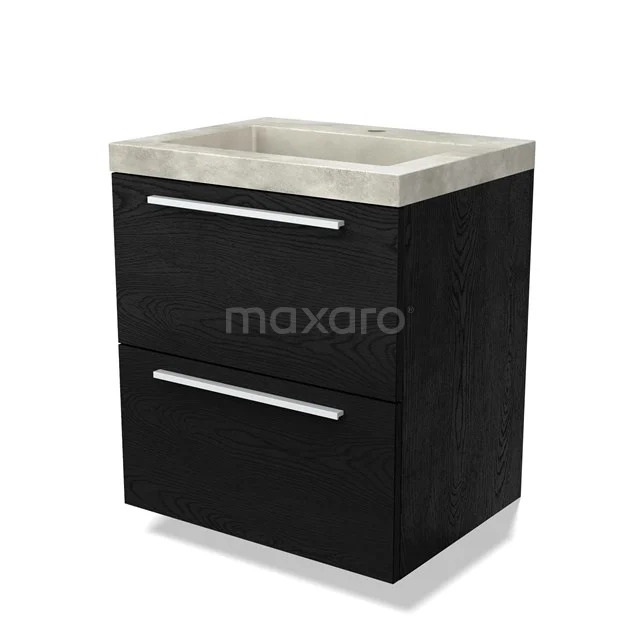 Zwart houten badkamermeubel met twee lades en een betonlook wastafel, strakke moderne uitstraling.