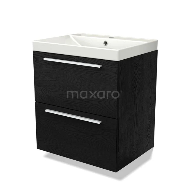 Zwart zwevend badkamermeubel met twee lades, witte keramische wastafel en strak modern design.