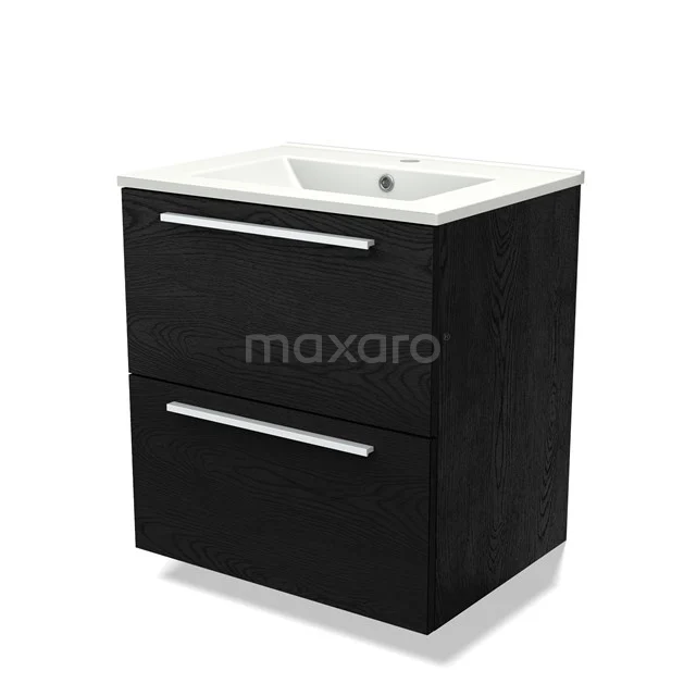 Zwarte badkamermeubelset met witte keramische wastafel, moderne twee lades en strak design, ideaal voor badkameropslag.