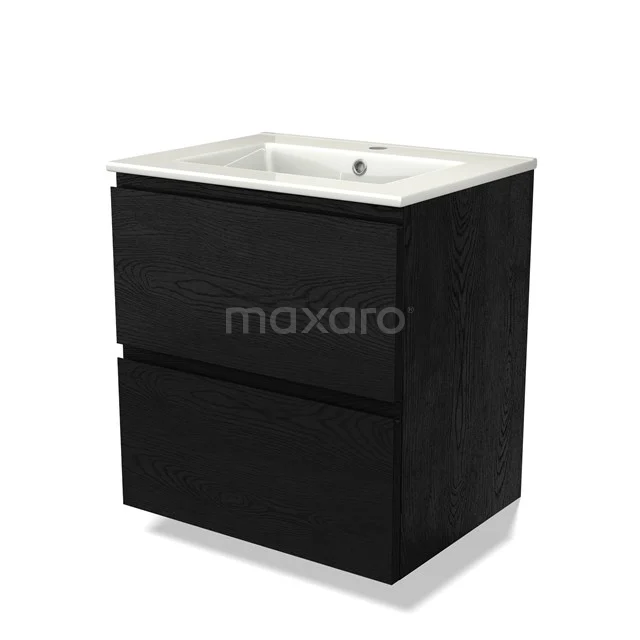 Black wooden bathroom unit with two drawers and white ceramic vanity units with basin, modern design from the Luxe series.
