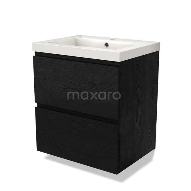 Black wooden bathroom unit with two drawers, white ceramic basin, compact design for modern bathroom style.