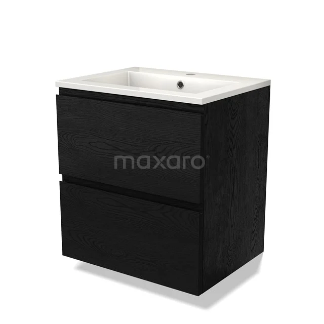 Zwart badkamermeubel met twee laden, modern design, keramische wastafel, ideaal voor stijlvolle en compacte badkamers.