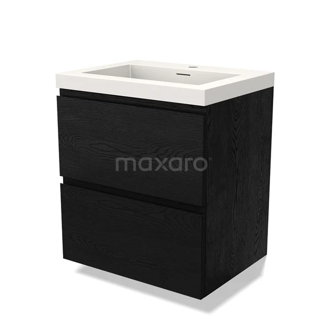 Zwarte houten badkamermeubelset met twee lades en een witte keramische wastafel, strak en modern design.