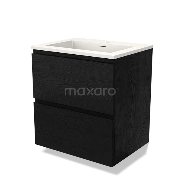 Zwart zwevend badkamermeubel met twee lades en keramische wastafel, modern design en strak afgewerkt met houtnerfpatroon.