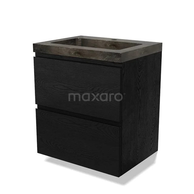 Schwarzes Holz Badezimmermöbel mit zwei Schubladen und grauer Natursteine Waschtischplatte, stilvolles und kompaktes Design.