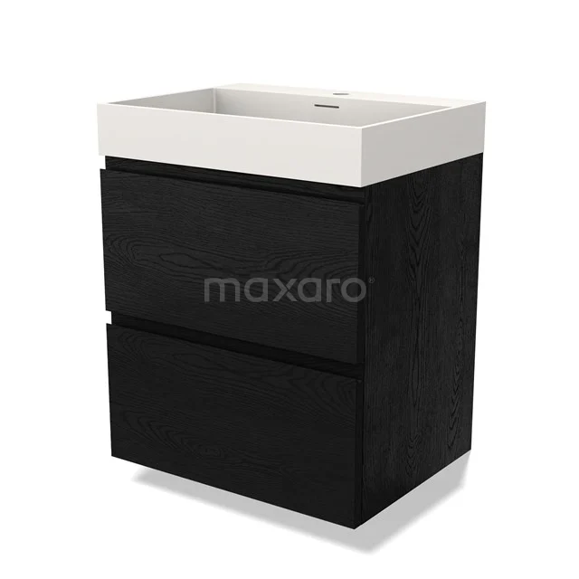 Zwarte houten badkamermeubel met twee lades, geïntegreerde witte wastafel, compact ontwerp voor moderne badkamers.