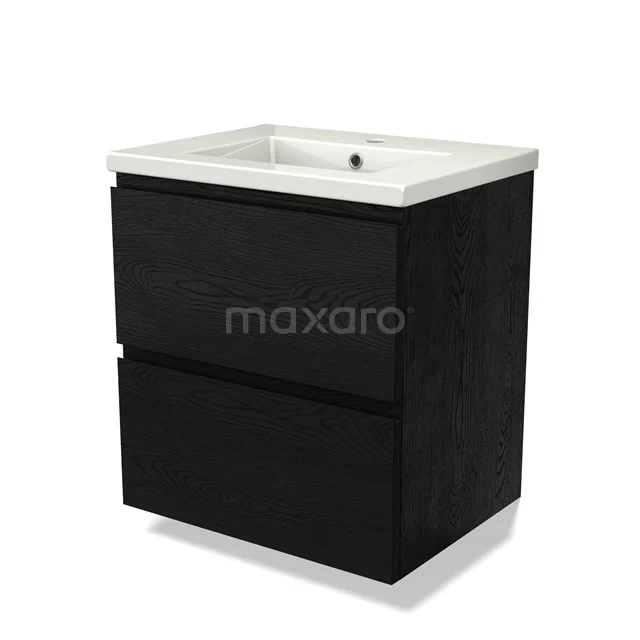 Zwart houten badkamermeubel met wastafel, 2 lades en modern design, ideaal voor een stijlvolle en georganiseerde badkamer.