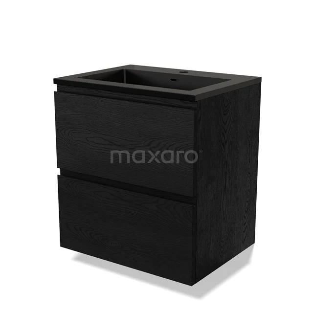 Schwarzer Badschrank mit zwei Schubladen, mattem Finish, modernem Design und kompakter Formgebung, ideal für kleine Bäder.