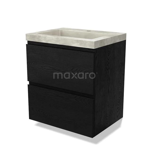 Zwarte houten badkamermeubel met twee lades en een geïntegreerde wastafel van beton, modern design.