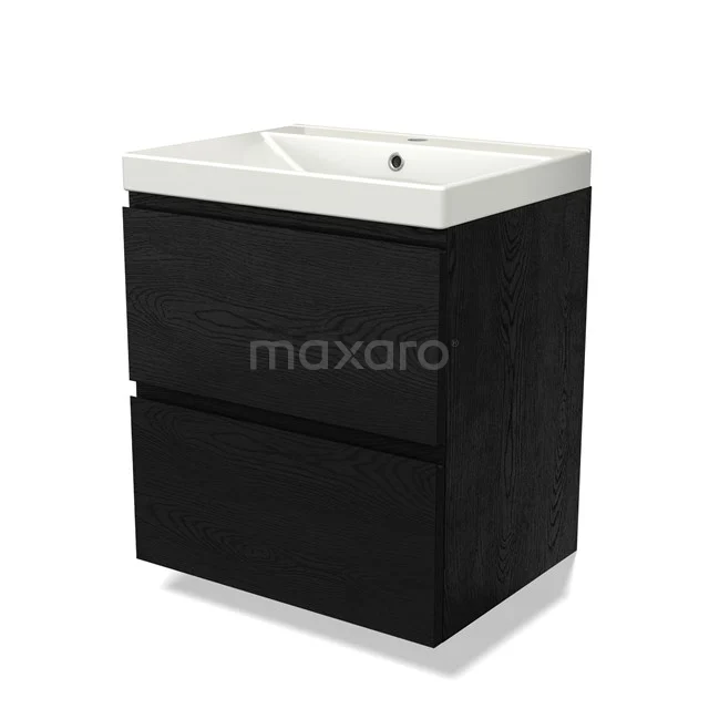 Zwart eiken badkamermeubel met twee lades en een witte keramische wastafel, ideaal voor een moderne badkamerinrichting.
