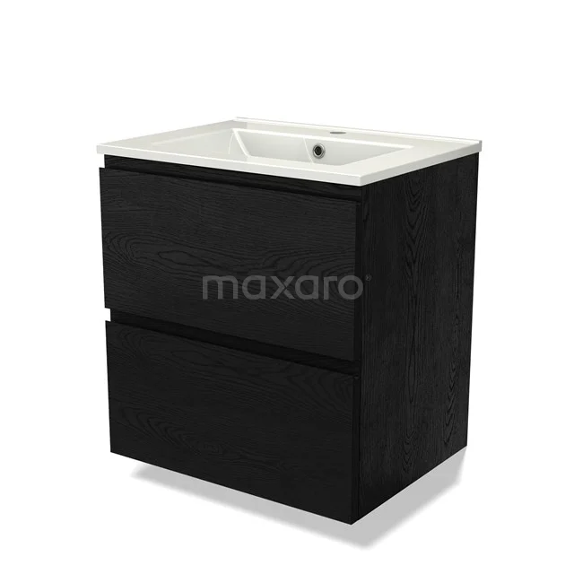Black suspended bathroom unit with two drawers, white ceramic vanity units with basin and modern design, ideal for a stylish bathroom.