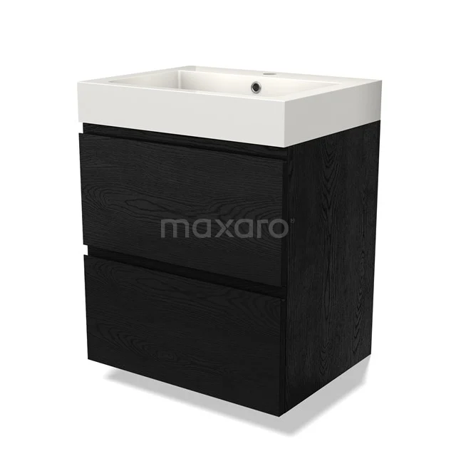 Zwarte badkamerkast met twee lades, inclusief witte wastafel; modern ontwerp, ideaal voor compacte badkamers.