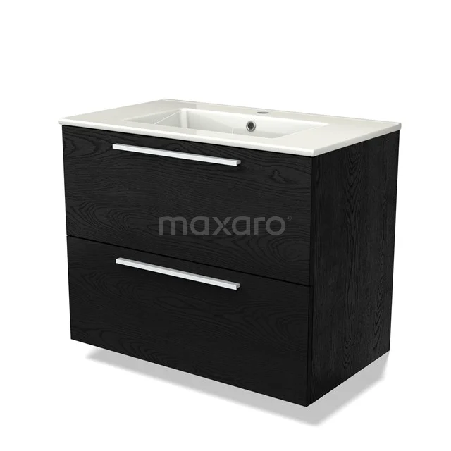 Zwarte badkamerkast met wastafel, strakke vorm, modern ontwerp, twee lades en metalen handgrepen, ideaal voor badkameropslag.