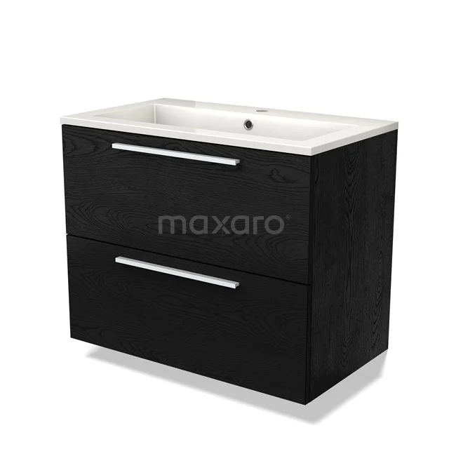 Zwarte badkamermeubelset met witte wastafel, strak design, twee lades met chromen handgrepen, ideaal voor moderne badkamers.
