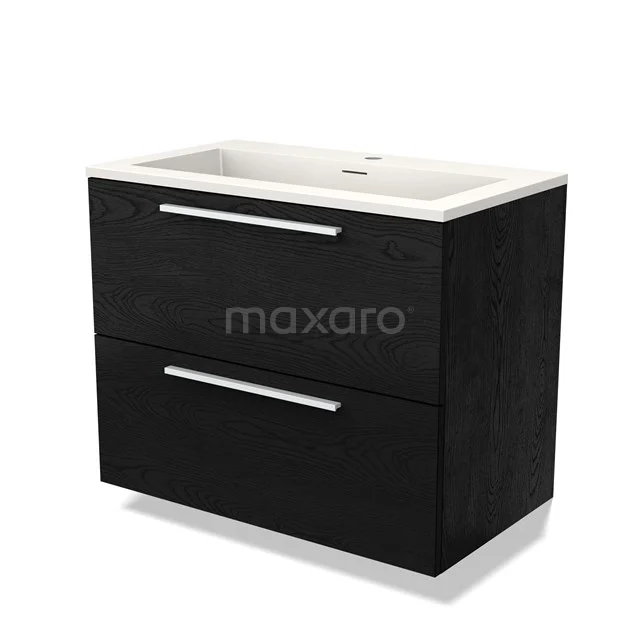 Zwarte badkamerkast met twee lades, witte keramische wastafel, modern design, ideaal voor stijlvolle opbergoplossingen.