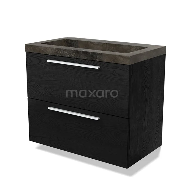 Schwarze Badmöbelset mit zwei Schubladen, Betonlook Waschbecken und chromatischen Haltegriffen, modernes und stilvolles Design.