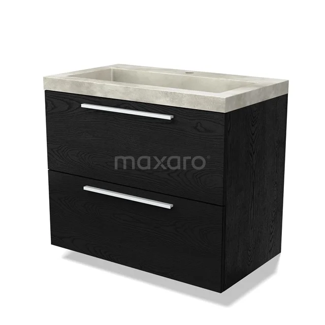 Zwarte houten badkamermeubel met twee lades en een robuuste betonlook wastafel, ideaal voor een moderne badkamer.
