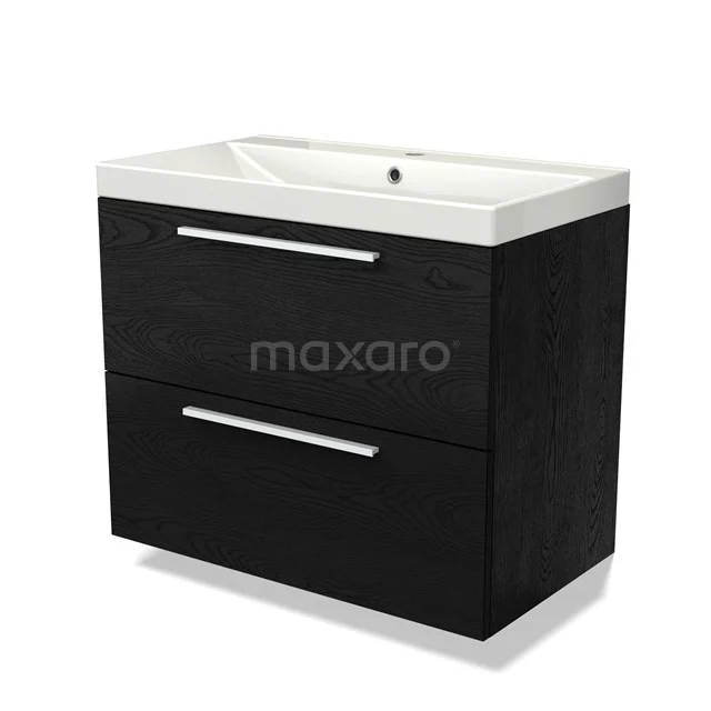 Black wooden bathroom unit with two drawers, white ceramic vanity units with basin and sleek silver handles.