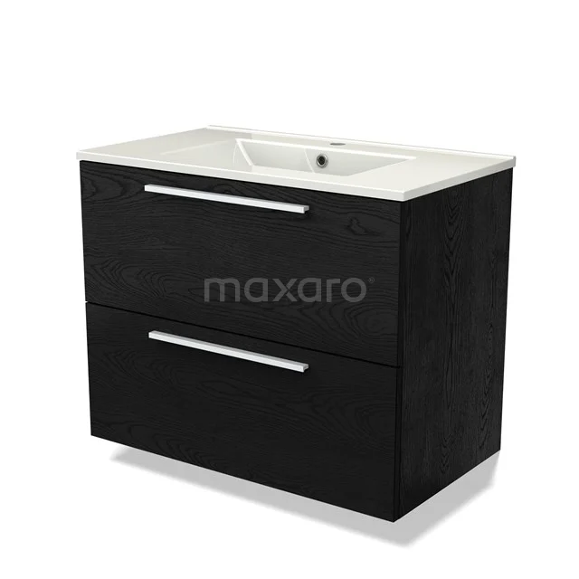 Zwarte zwevende badkamermeubelset met twee lades, chroomgrepen en een witte wasbak, ideaal voor moderne badkamers.