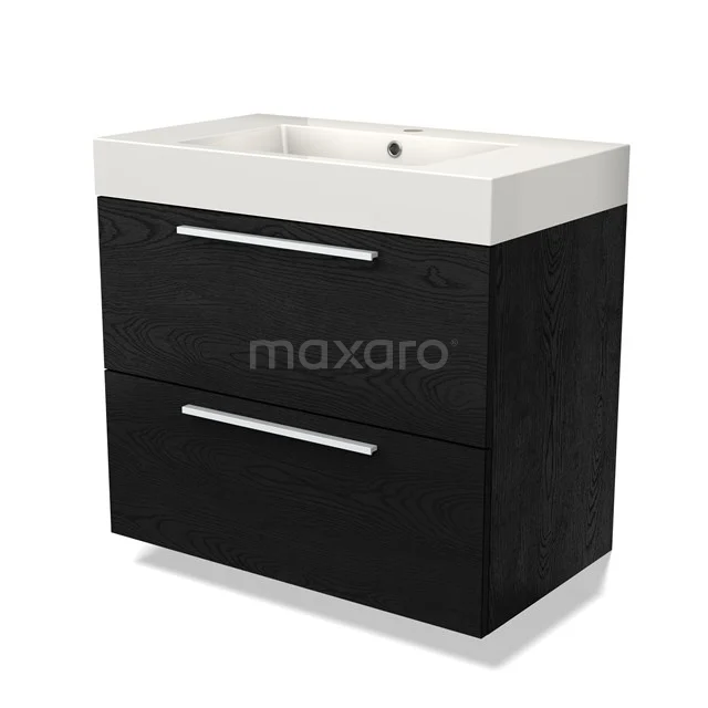 Schwarzes Holz Badezimmermöbel mit zwei Schubladen, chromatischen Haltegriffen und einem weißen keramischen Waschbecken, modernes und schlichtes Design.