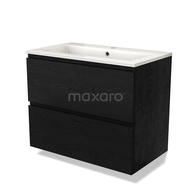 Zwarte houten badkamermeubelset met twee lades en een witte keramische wastafel, ideaal voor moderne badkamers.