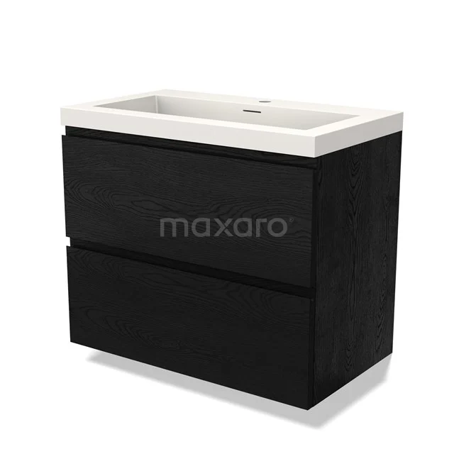 Zwart badkamermeubel met twee lades, keramische wastafel, modern design, houtnerf afwerking, ideaal voor stijlvolle badkamers.