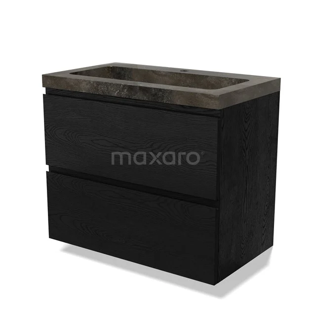 Schwarzes Holz-Badmöbel mit zwei Schubladen und einem Steingeschirr, perfekt für einen modernen Badezimmerstil.