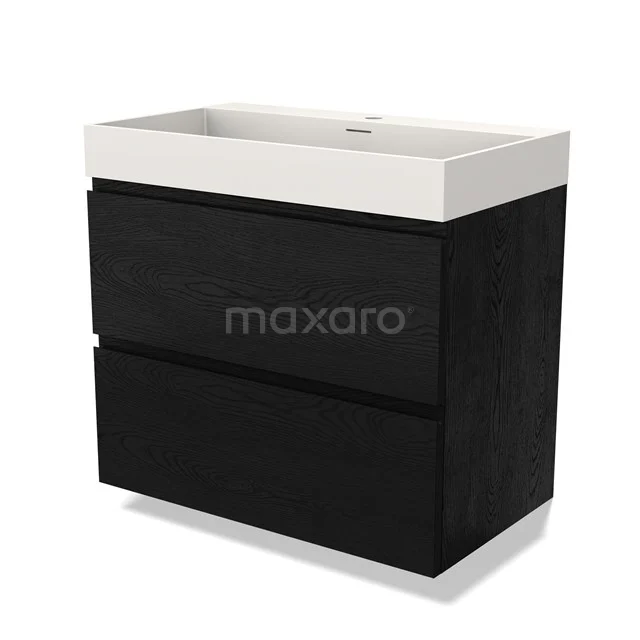 Zwarte houten badkamermeubel met twee lades en een witte wastafel, modern design voor stijlvolle badkamerinrichting.