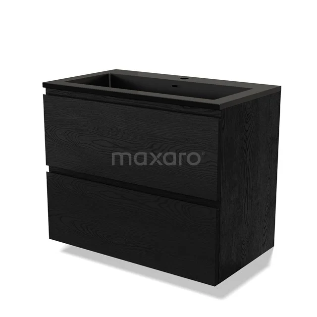 Zwarte wastafelonderkast met twee lades, strakke houten afwerking, ideaal voor moderne badkameropslag.