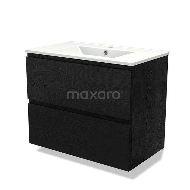 Black bathroom furniture set with two drawers, wooden finish and integrated white ceramic basin.