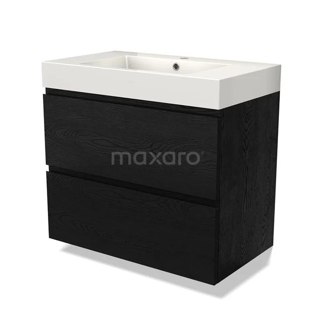 Schwarzes Holz Badmöbel mit weißem keramischen Waschbecken, 2 Schubladen und schlankem Design für moderne Bäder.