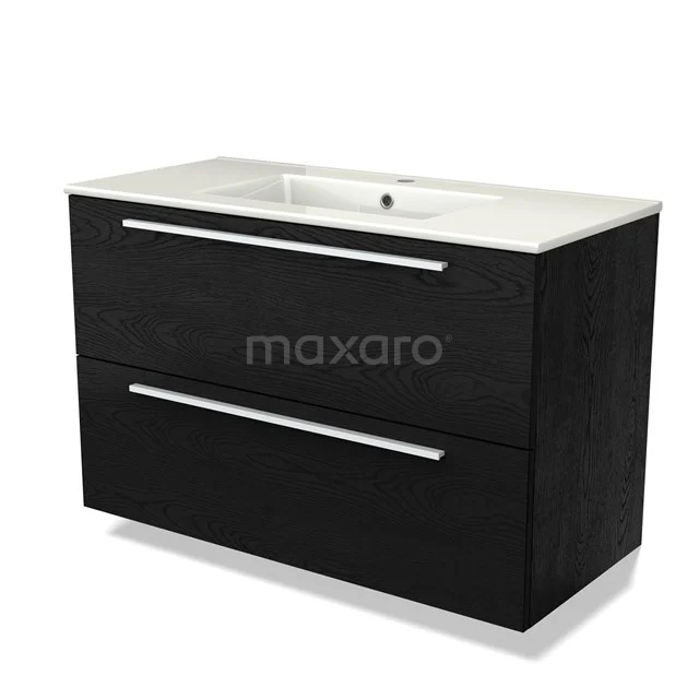 Zwart houten badkamermeubel met twee lades en een witte keramische wastafel, strak design voor een moderne badkamer.