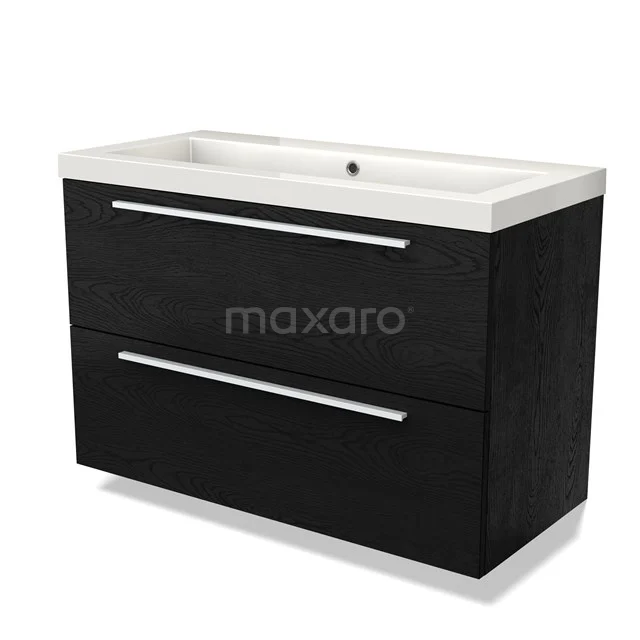 Black wooden bathroom furniture set with white basin, modern look and two spacious drawers for practical storage space.
