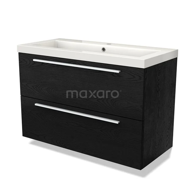 Zwart houten badkamermeubel met twee lades en witte keramische wastafel, modern design voor stijlvolle badkamerinrichting.