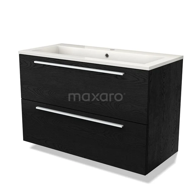 Zwarte houten wastafelonderkast met twee lades en een witte keramische wasbak, ideaal voor moderne badkamerinrichtingen.