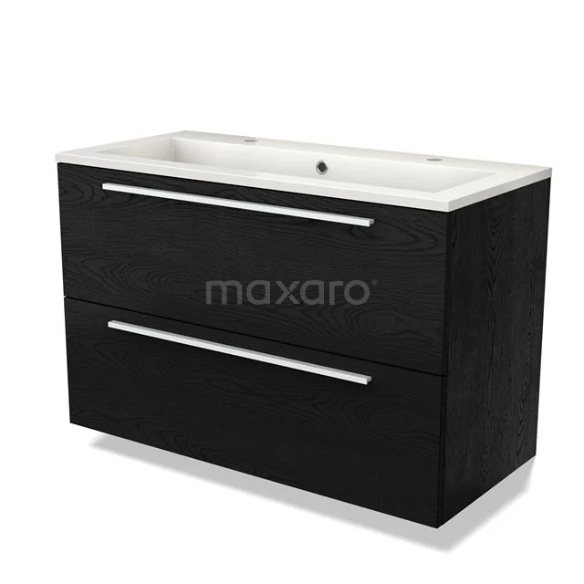 Zwart badkamermeubel met twee lades, moderne design-look, strak wit wastafelblad, ideaal voor badkameropslag.