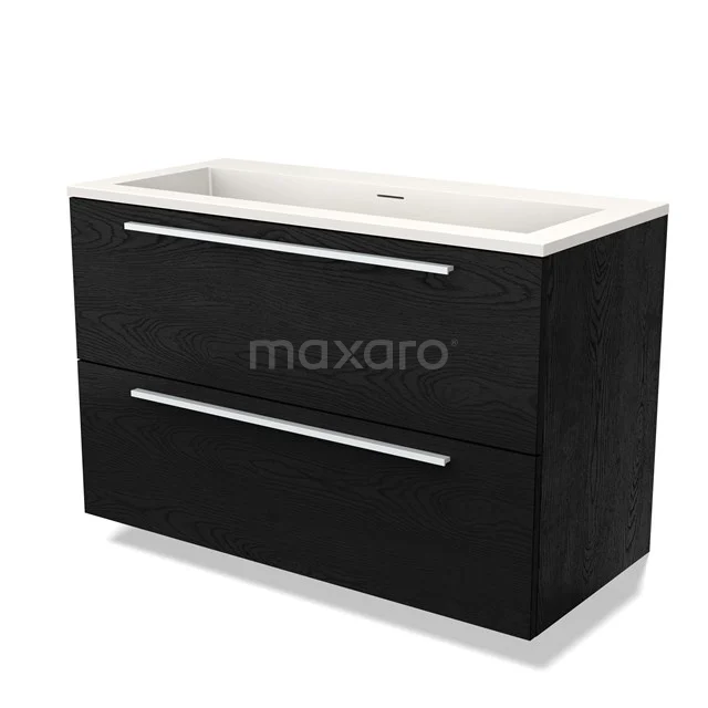 Zwarte wastafelmeubel met twee lades en rechthoekige witte wastafel, modern ontwerp, ideaal voor een stijlvolle badkamer.