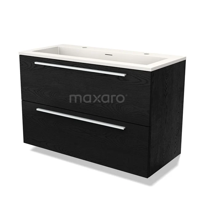 Zwarte badkamermeubelset met twee lades, softclose-systeem en keramische wastafel, modern design.