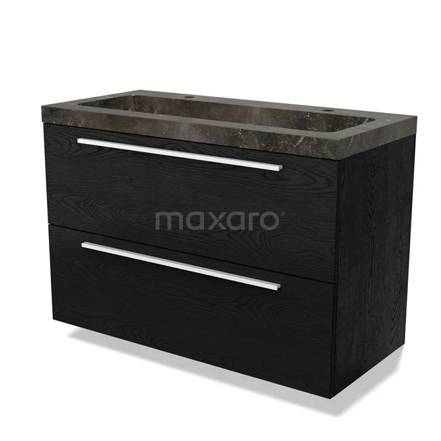 Zwarte badkamermeubel met twee lades en grijze wastafel, modern ontwerp in houtlook, perfect voor een stijlvolle badkamer.