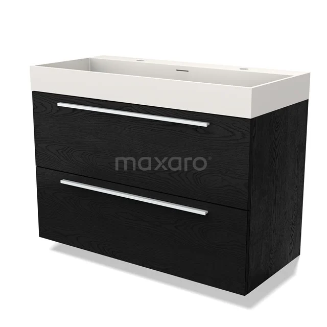 Zwart badkamermeubel met dubbele lades en een witte wastafel, modern ontwerp in houtlook, ideaal voor eigentijdse badkamers.
