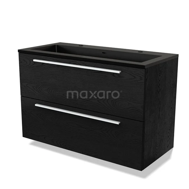 Zwarte houten badkamermeubel, twee brede lades met metalen handgrepen, strak modern design voor stijlvolle badkamers.