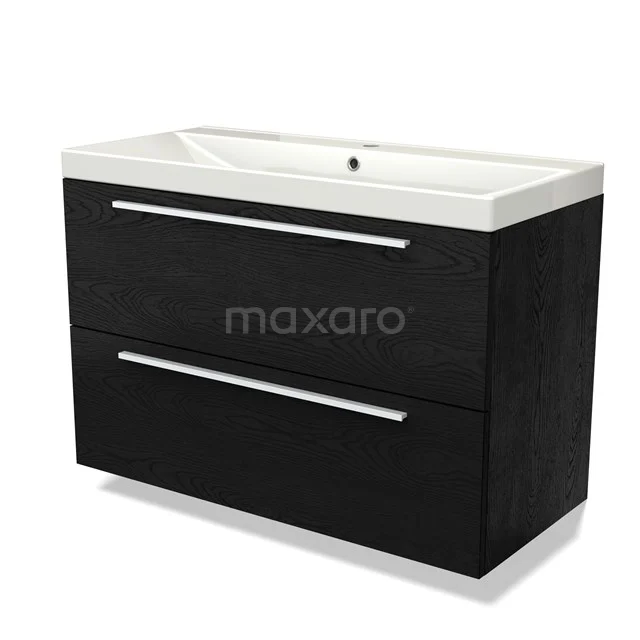 Black wooden bathroom unit with two drawers, modern finish and a white ceramic vanity units with basin.