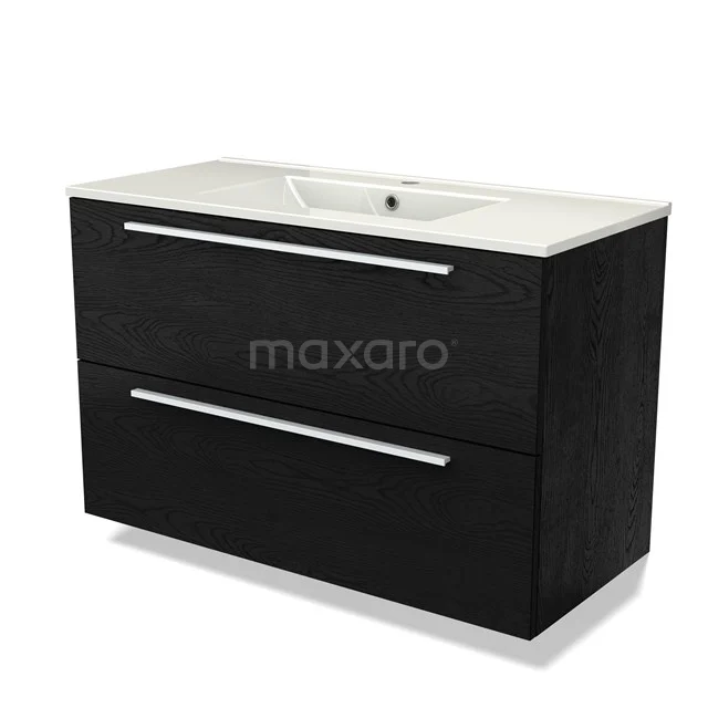 Zwart houten wastafelmeubel met twee lades, witte keramische wastafel en chromen handgrepen, ideaal voor moderne badkamers.