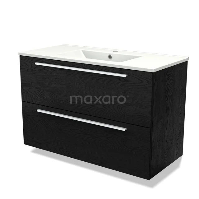 Zwart zwevend badkamermeubel met twee lades, strak design en witte wastafel, ideaal voor moderne badkamerinrichting.